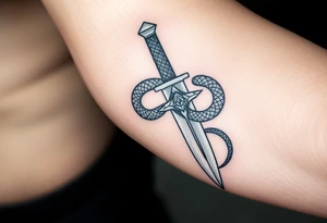 mystical snake coiled around an ancient dagger with jeweled hilt tattoo idea