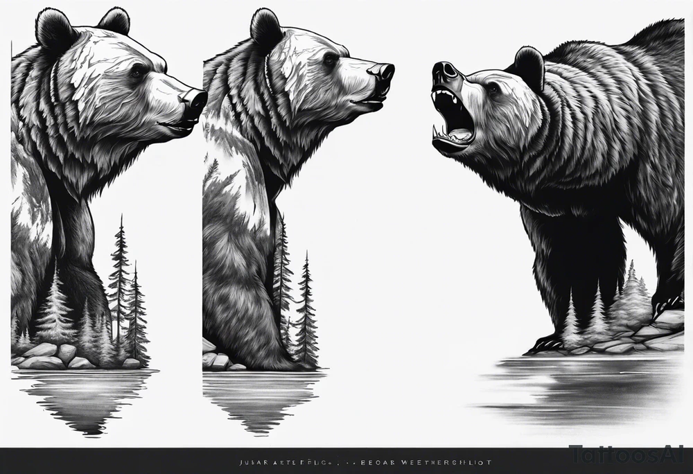 bear head right above the forest line with a lake below, full sleeve tattoo tattoo idea bear head right above the forest line with a lake below, full sleeve tattoo tattoo idea