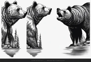bear head right above the forest line with a lake below, full sleeve tattoo tattoo idea