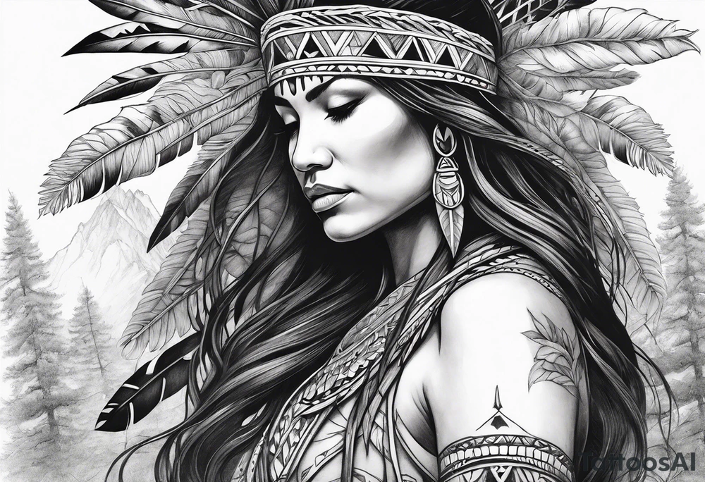Native american Forest goddess looking down side profile  tree branches forming into her face middle arm sleeve tattoo idea