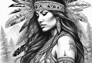 Native american Forest goddess looking down side profile  tree branches forming into her face middle arm sleeve tattoo idea
