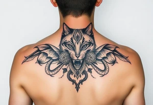 faça uma tatuagem vertical para costas feminina delicada, contendo gato preto, prosperidade, família, espiritualidade e amor tattoo idea