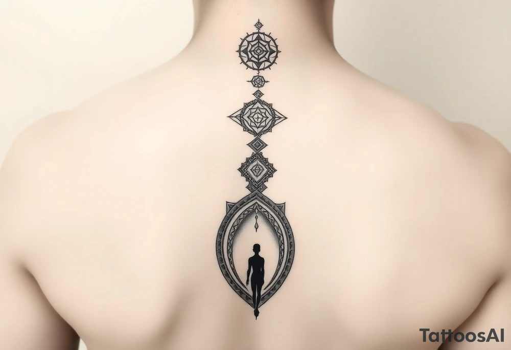 Mirror with gradient reflection, small figure at bottom naturally growing taller toward top, like time-lapse of growth, geometric sacred patterns flowing upward with the transformation, no break just natural progression, represents continuous evolution, black and grey tattoo design tattoo idea