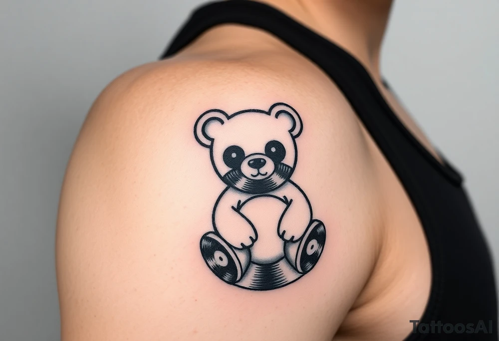 minimalist teddy bear with vinyl records as eyes smiling and sitting on a record yer tattoo idea