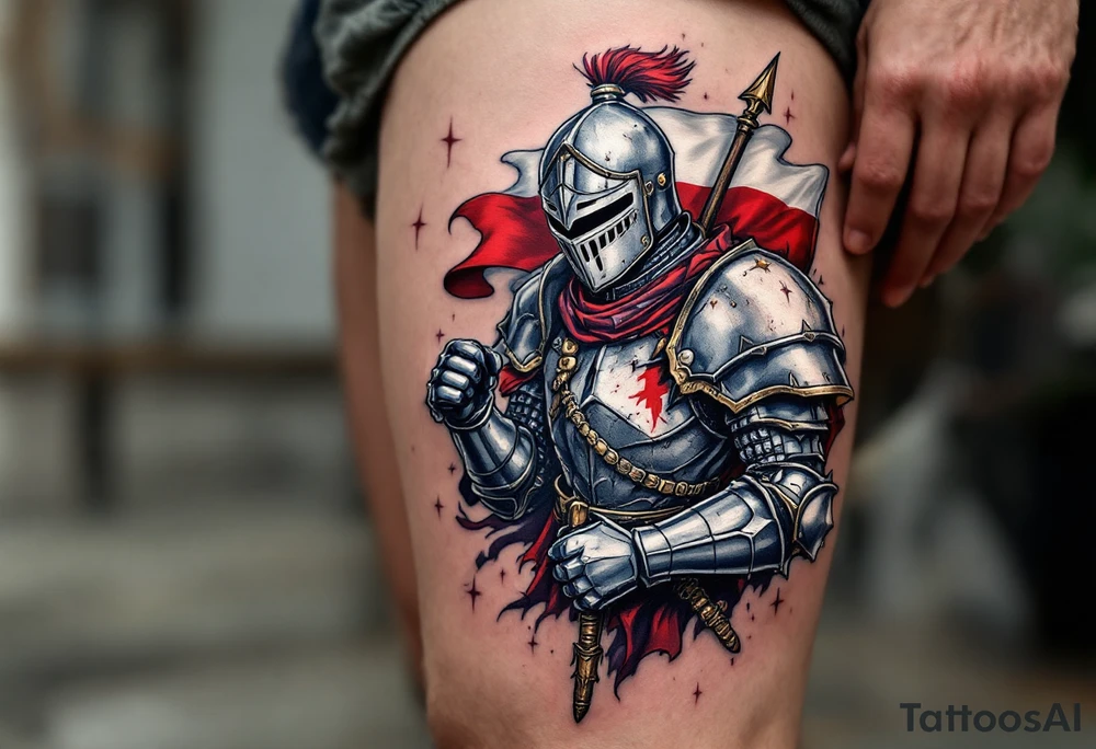 A knight in medieval armor holding a Czech flag, inspired by Hussite warriors, with battle-worn silver and red tones. tattoo idea