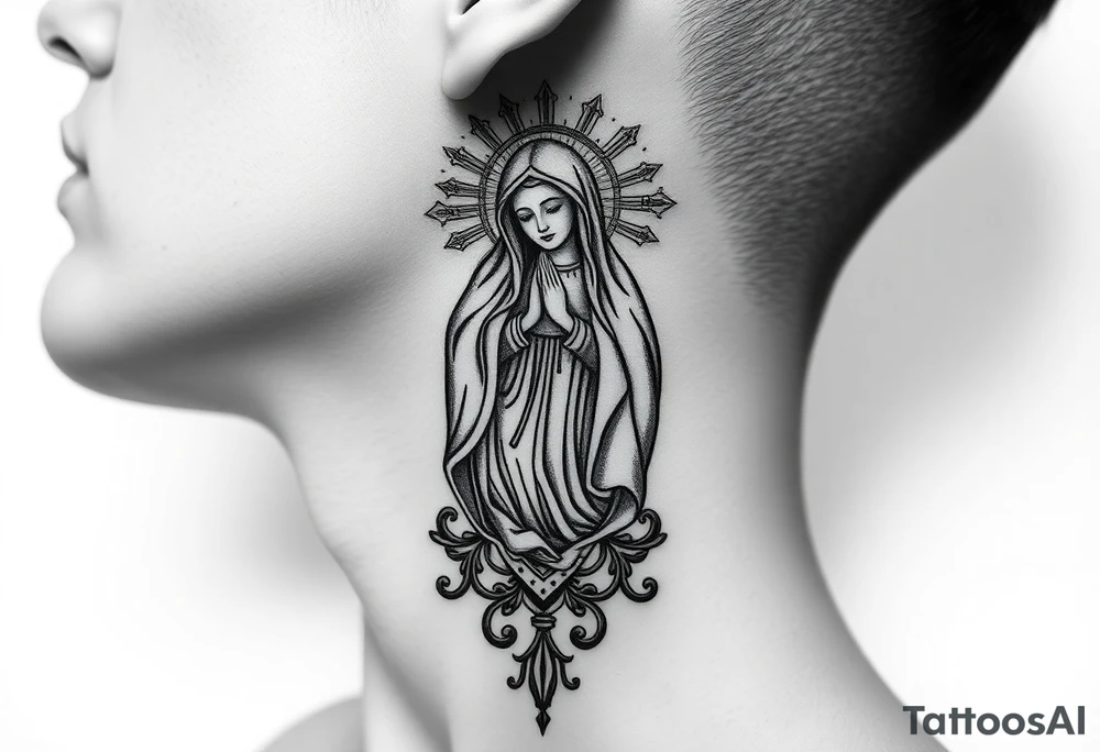 russian christian virgin mary neck design front facing tattoo idea