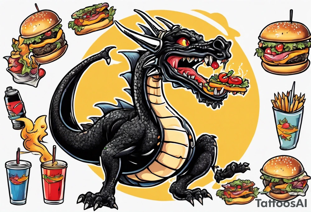 full body happy black dragon eating a cheeseburger tattoo idea