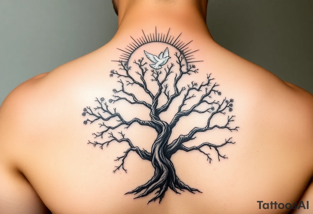 "A tattoo design featuring sun rays  clearly radiating from the top of the shoulder, with a serene forest scene in the background. Incorporate a prominent 'poison tree' design, featuring twisted and gnarled branches, symbolizing duality or mystery. Add a white dove in flight in the foreground, positioned slightly above or near the tree, symbolizing peace and hope. The overall design should have a balance of contrast and shading, blending realism with a slightly surreal artistic style." tattoo idea