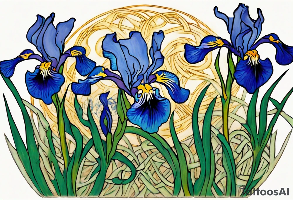 Create a condensed, thick, colorful Vincent van Gogh Irises tattoo, with vines in Celtic knots gracefully intertwining at mountains, needs to be present. The intended placement is on the upper chest. The overall design should be small in size while maintaining a delicate and artistic aesthetic. Pay attention to the graceful flow of the vines and the placement of the irises to achieve a refined and elegant look. tattoo idea