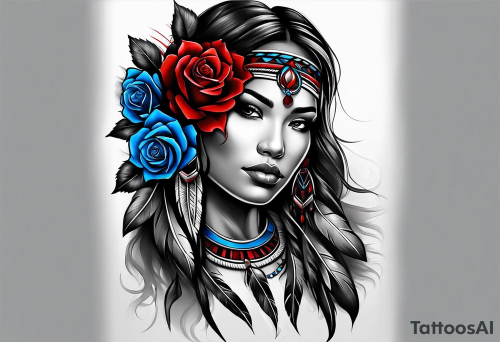 Native American woman Colored blue and red roses tattoo idea