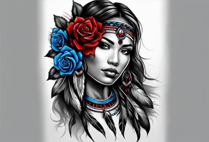 Native American woman Colored blue and red roses tattoo idea