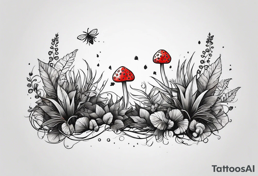 forest floor inspired minimalist tattoo, which includes grass, curly ferns and dead leaves as the bulk of the tattoo. details to include: three very tiny strawberries, a tiny bumblebee flying nearby, three small brown mushrooms tattoo idea