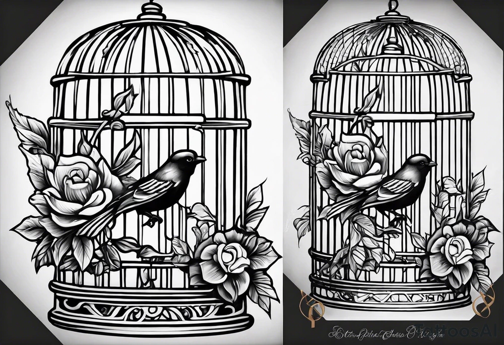 neo traditional foliage on the left top of a bird cage tattoo idea
