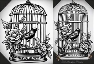 neo traditional foliage on the left top of a bird cage tattoo idea
