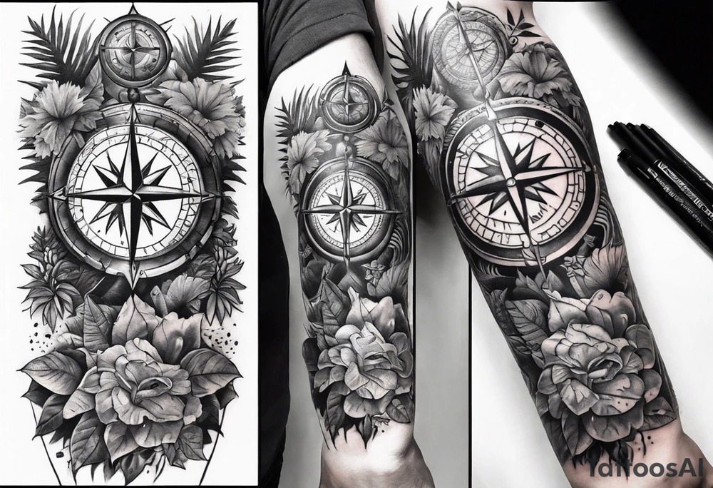 full arm sleeve tattoo with Viking compass and all-seeing eye surrounded by jungle plants tattoo idea
