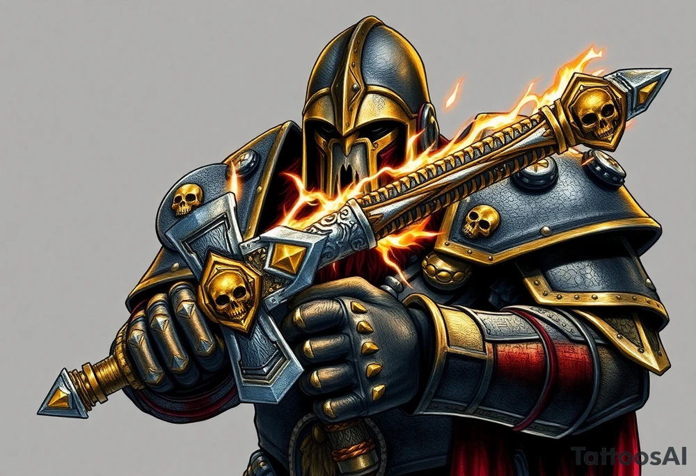 Warhammer, the Old World. A warrior priest of Sigmar holding "The Warhammer of Sigmar" or known as Ghal Maraz. The Warhammer of Sigmar is radiating thunderous energy. The warhammer is held by the warrior priest with both gripping hands at the shaft, upon his chest level. The Warrior priest is wearing dark alloyed heavy armour (reference armor from warhammer vermintide 2 Victor Saltzpyres, the warrior priest of Sigmar class) with skull sigils on his shoulder pads. The warrior priest is wearing a helmet, while the helmets front visor has an humanoid metal face covering. The helmet and armour are gladened with hints of gold and crimson red. The Warhammer is silverish and golden with a long shaft with twisted carvings. tattoo idea