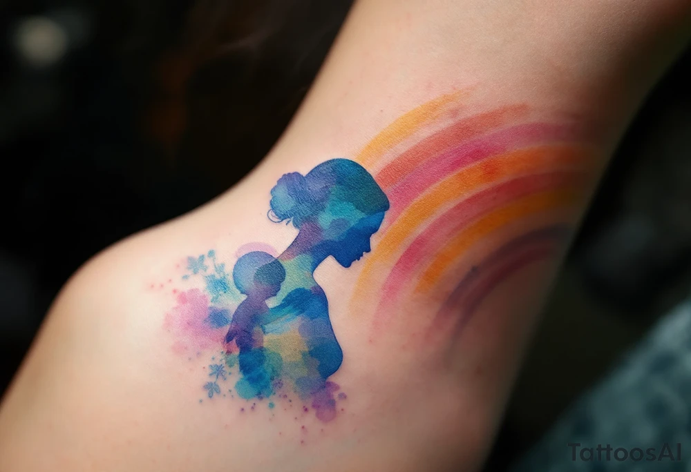 A rainbow in soft pastels arching over a mother and child silhouette signifies hope and healing after loss. tattoo idea