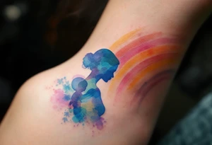 A rainbow in soft pastels arching over a mother and child silhouette signifies hope and healing after loss. tattoo idea