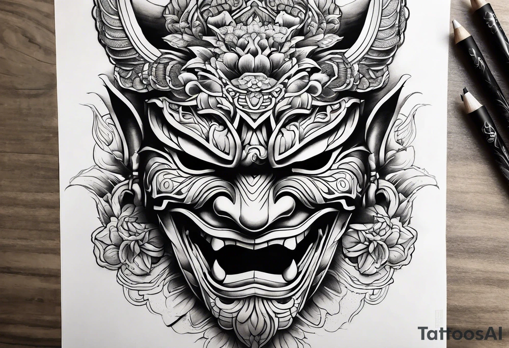 Japenese henya mask split tattoo idea