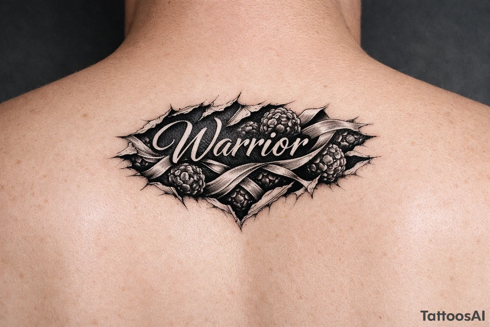 Warrior in cursive with silk le cells ribbon tearing out of skin tattoo idea
