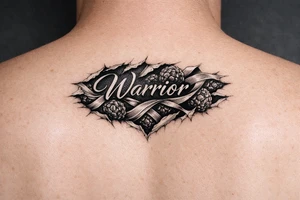 Warrior in cursive with silk le cells ribbon tearing out of skin tattoo idea