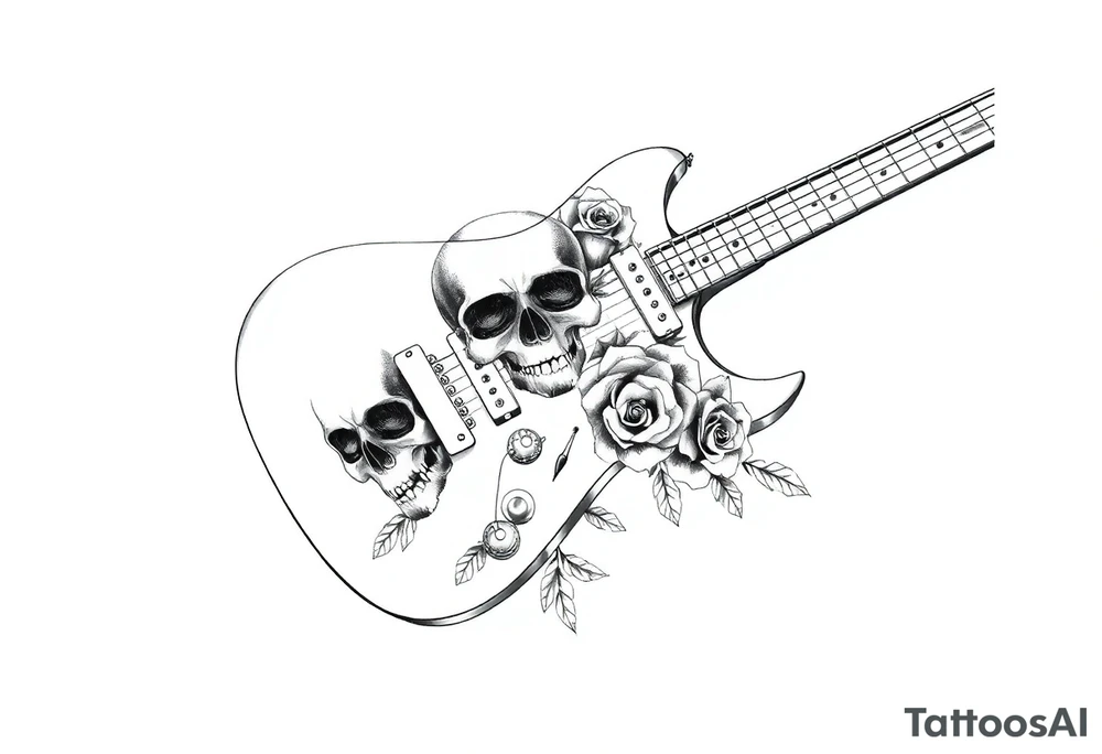 Electric guitar with skulls and roses printed on it tattoo idea
