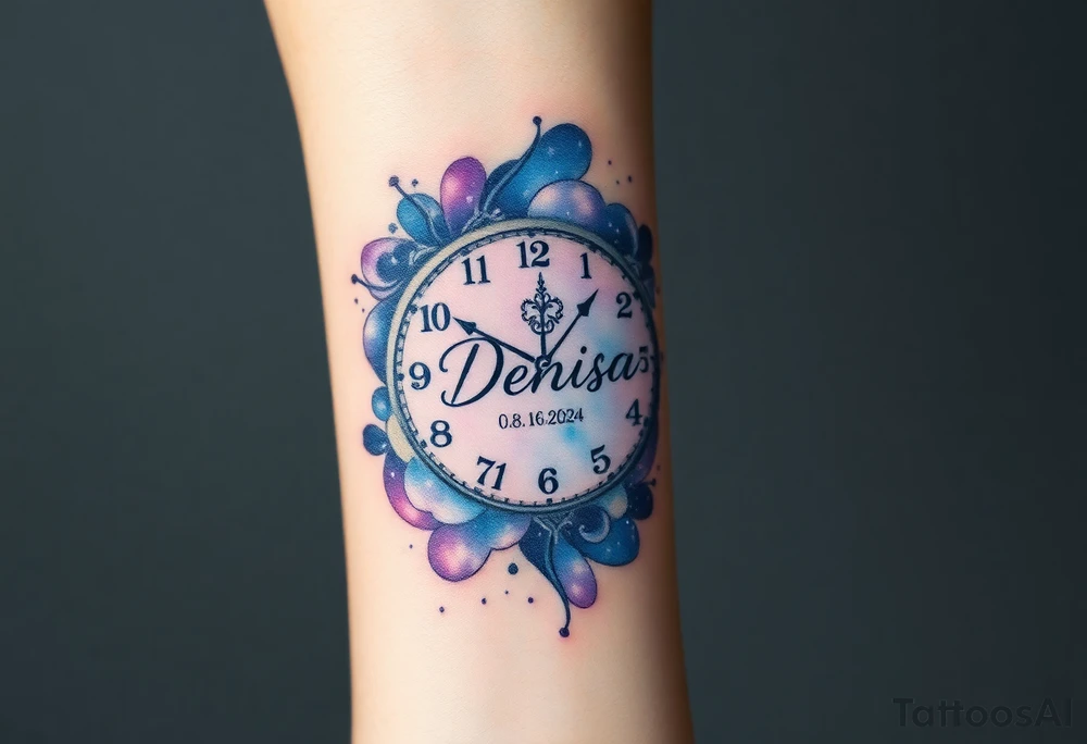 A clock made from swirling galaxies with name "Denisa" and date "08. 06. 2024", symbolizing a love that was destined in the stars, in deep blues, purples, and silver tattoo idea