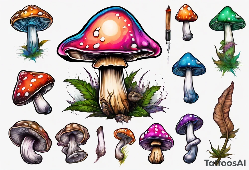 A psychedelic mushroom smoking a spliff tattoo idea
