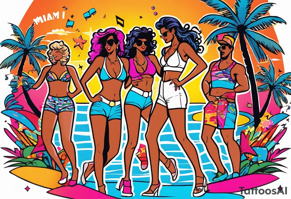 1980's miami vice style beach dance 
party, include confetti, music notes, boom box, bikinis sunset in the center tattoo idea