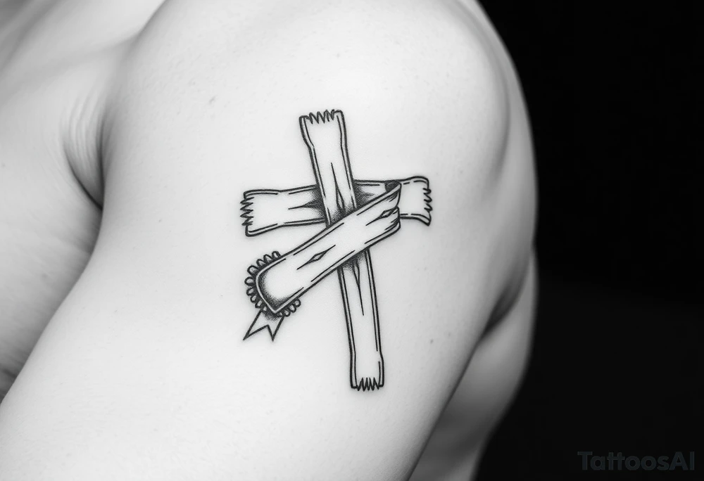 Hockey stick cross with a ribbon wrapping around it, tattoo idea
