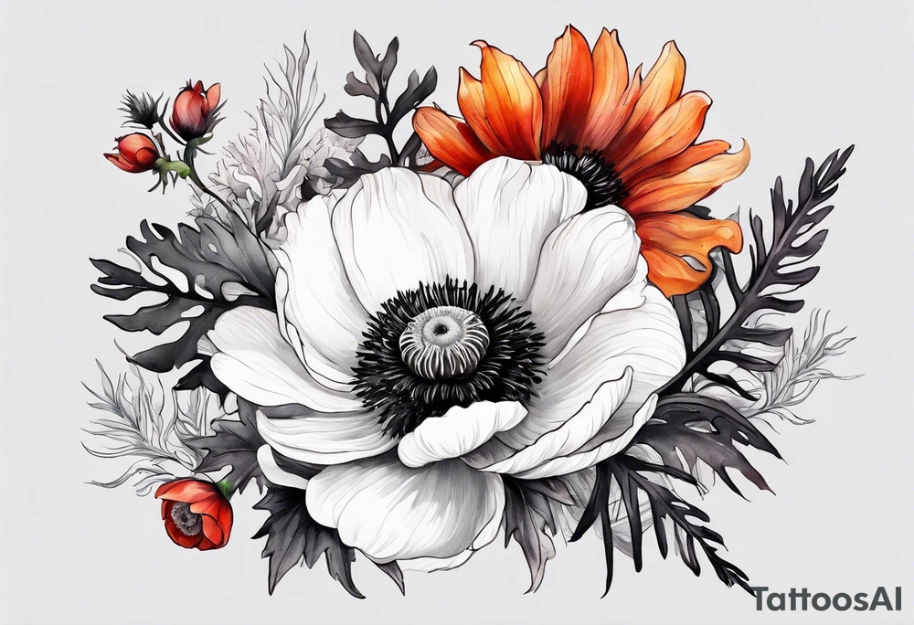 a white anemone with black center with thistles, ferns, ranuculus, sun flowers, red flowers, ping flowers, orange flowers, yellow flowers all in watercolor tattoo idea