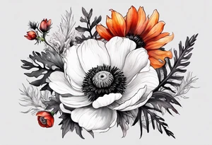 a white anemone with black center with thistles, ferns, ranuculus, sun flowers, red flowers, ping flowers, orange flowers, yellow flowers all in watercolor tattoo idea