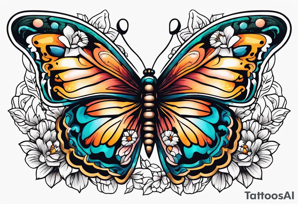 butterfly old school traditional vintage with flowers surrounding it tattoo idea