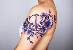 peace symbol, dog prints, Pisces symbol, intertwined with violets, amethyst, initials csb in cursive font tattoo idea