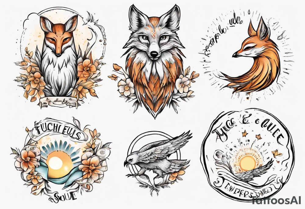 Fuchs und Eule unter der Sonne mit dem Schriftzug Sapere Aude tattoo idea