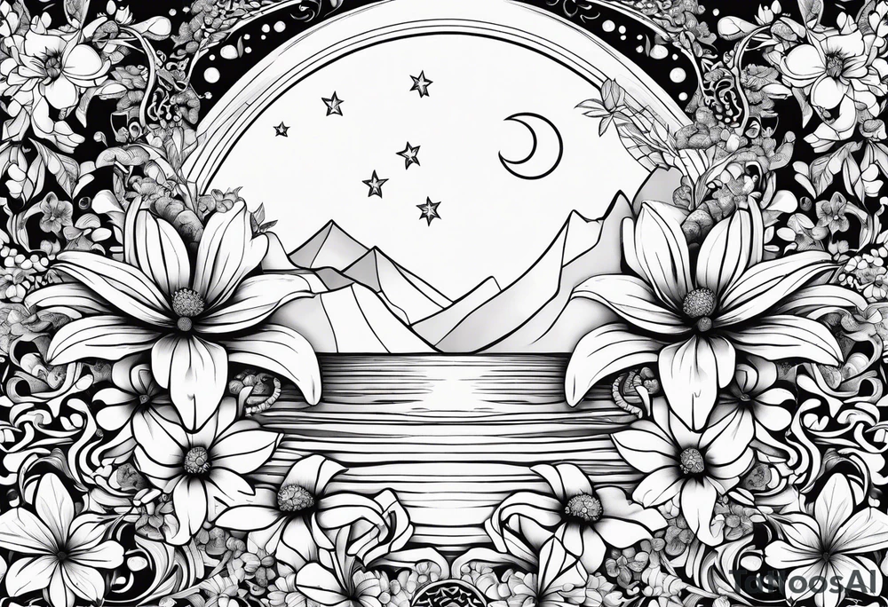 Crescent moon with daisy's, lily’s, crystals, and mushrooms tattoo idea