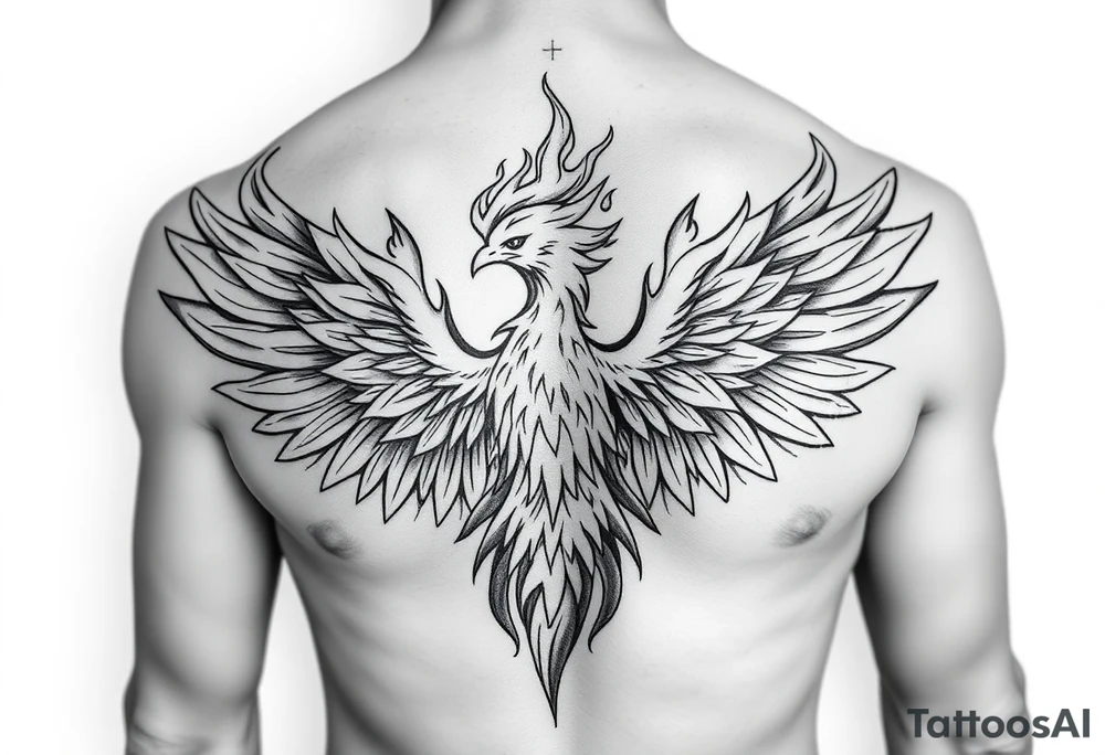 Realistic and symmetrical flaming Phoenix rebirth with spread low wings mapped onto chest
Phoenix  head must be straight and symmetrical 
Fire should be surrounding spread wings
Wings should be spread low only on chest muscle tattoo idea