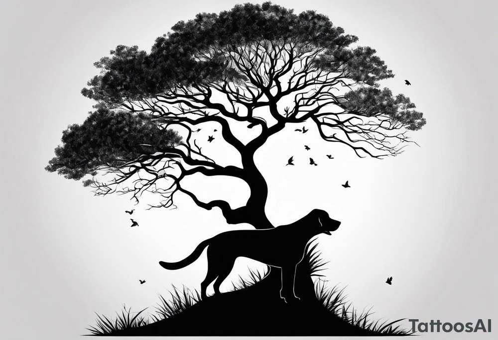 A tree bending to the rigt with a black silouhette of a lab under the bend. The dog is drawn to scale with the tree tattoo idea