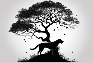 A tree bending to the rigt with a black silouhette of a lab under the bend. The dog is drawn to scale with the tree tattoo idea