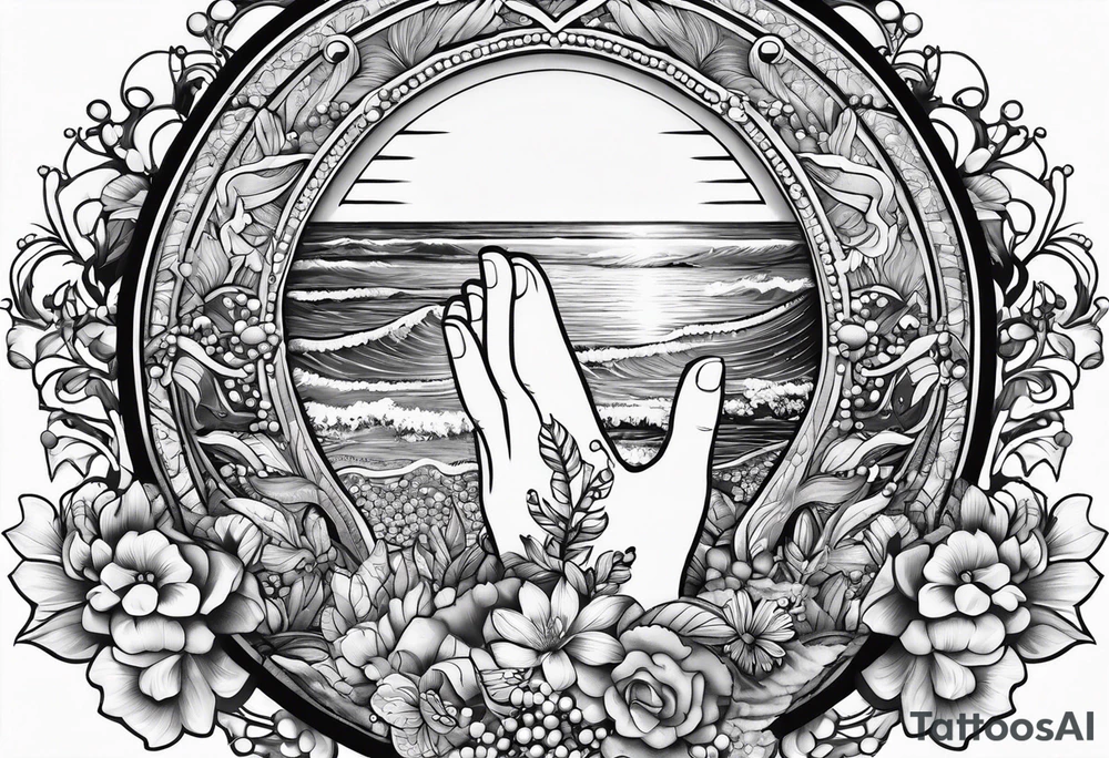 praying hands with beads and beach tattoo idea