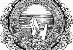 praying hands with beads and beach tattoo idea