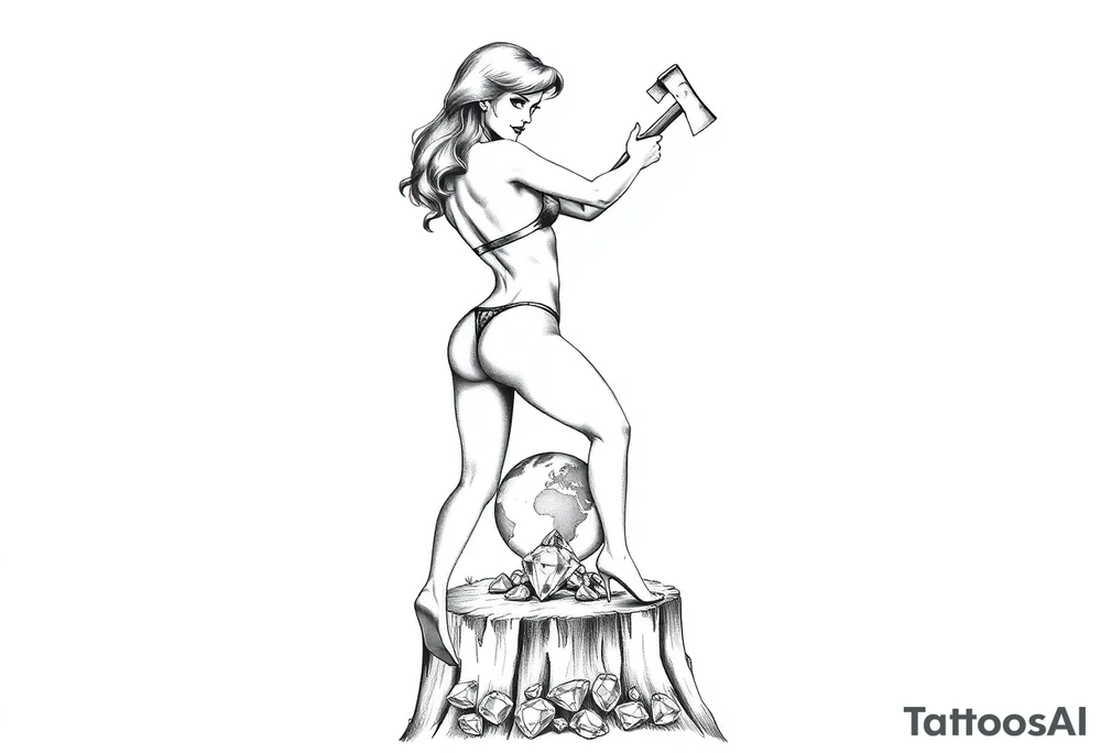 a pin up girl that is naked and has very large breasts wearing a g string thong. the pin up girl is swinging an ax onto a earth globe. the earth globe is half the diameter of the top of the tree stump, the earth globe is located on top of a tree stump, there is a pile of diamonds below the tree stump. the idea is that this pin up girl if very attractive. the idea is that this pin up girl crushing a small version of the earth and creating a diamond with the pressure. tattoo idea