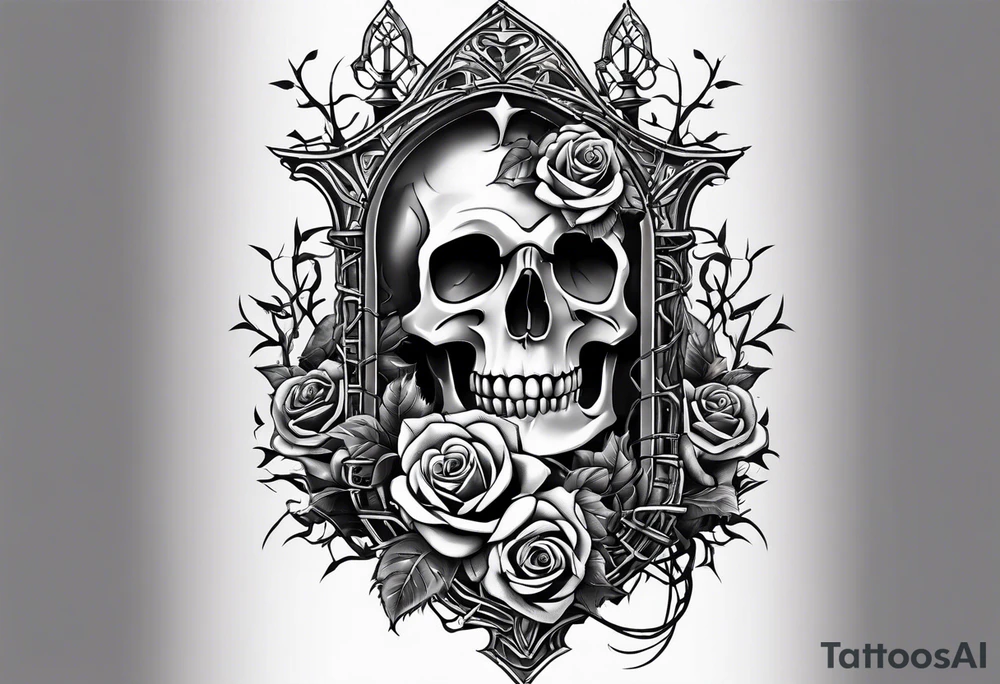 tattoo fool sleeve, old broken gothic castle, broken sword, tree roots break out of the chains, roses tattoo idea