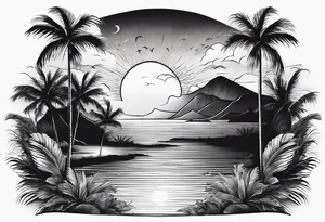 small fine line beach landscape on upper arm with palm trees tattoo idea