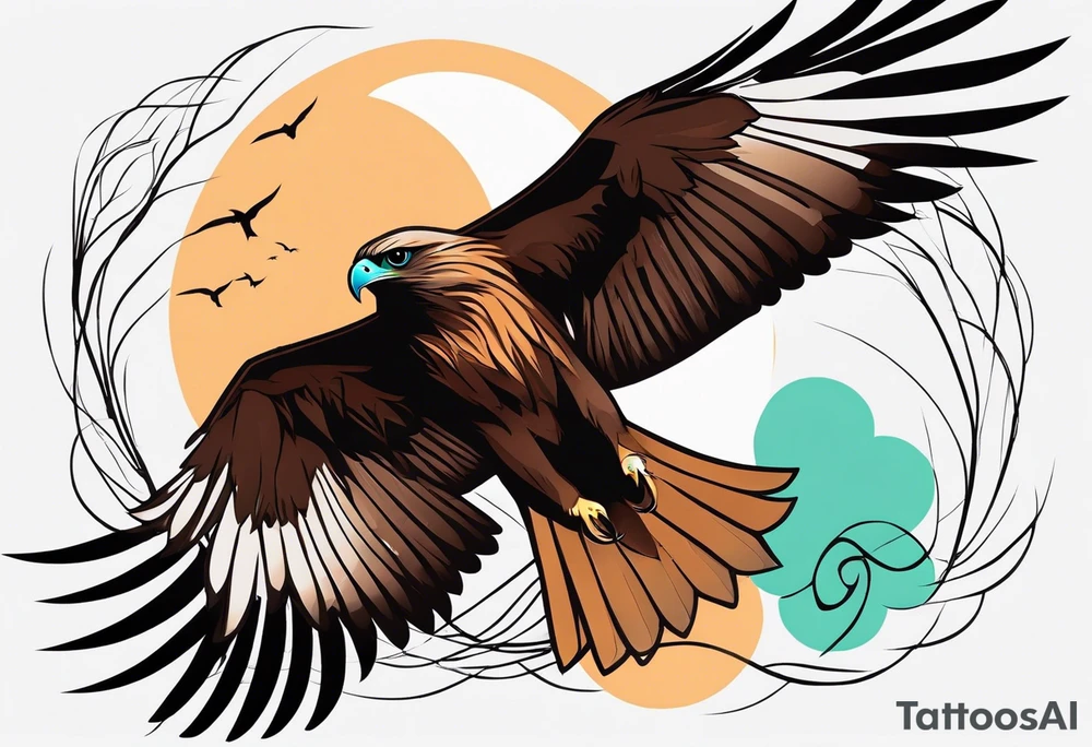 I want a tattoo for my daughter, her name is Daya which means black kite. I also love natur and I'm a climate change activist. Make the black kite soft, little more child like. For small tattoo. Lass details. Add climate element's. Colorfull and happy tattoo idea