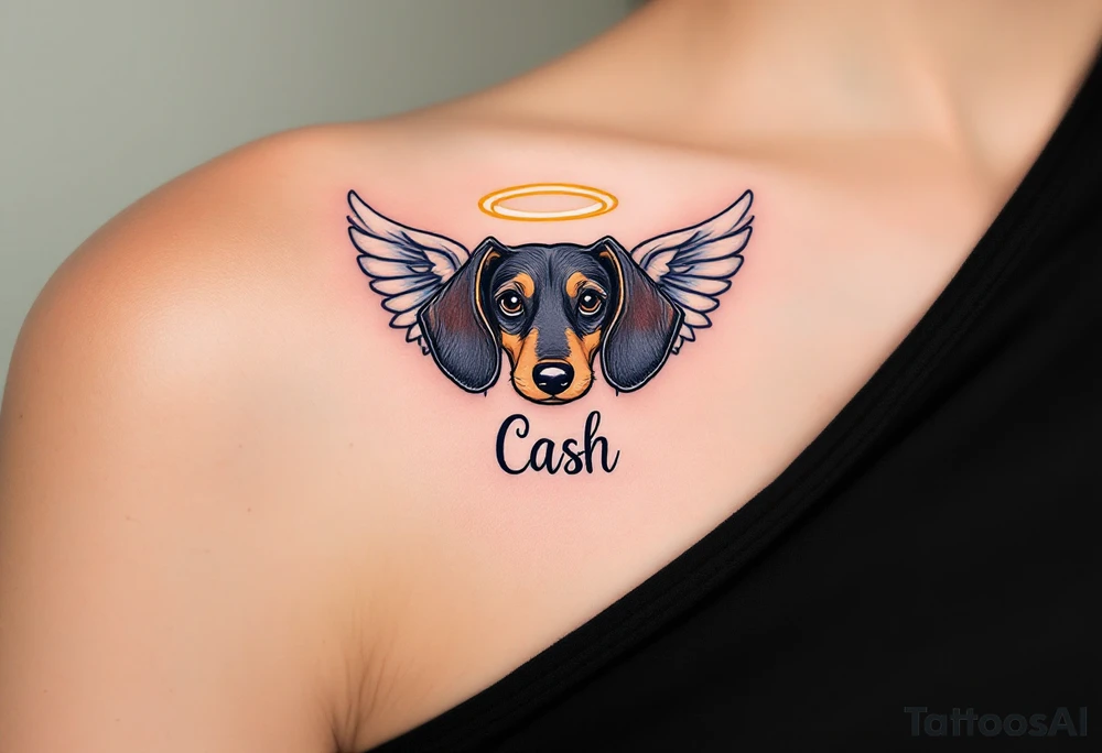 Dachshund ears between wings with a halo above and the name Cash tattoo idea