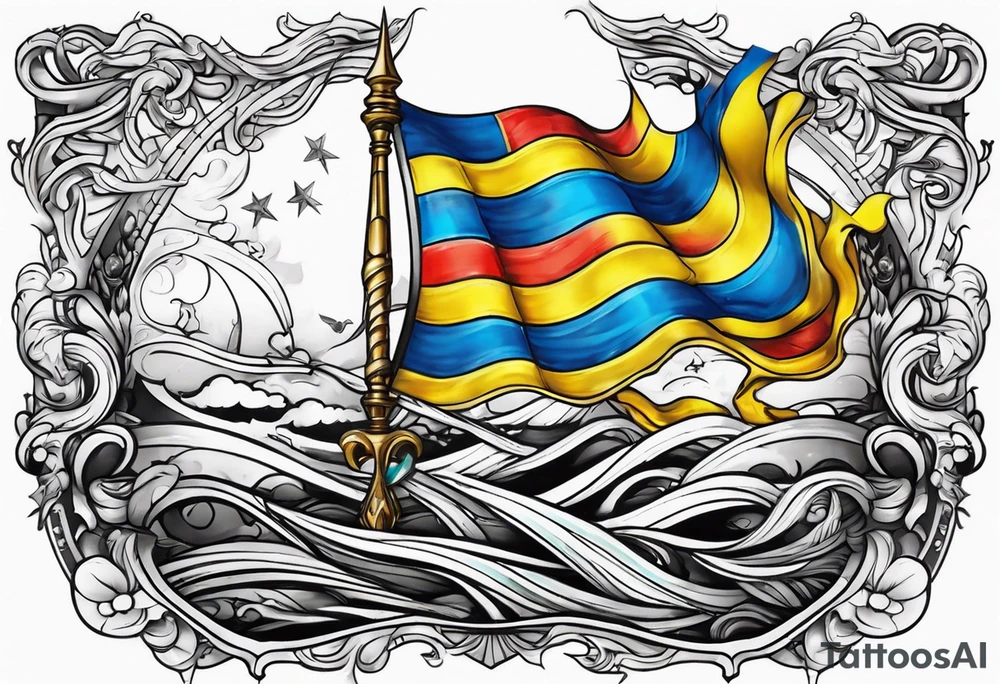 flag and Ukrainian trident fantasy tattoo idea