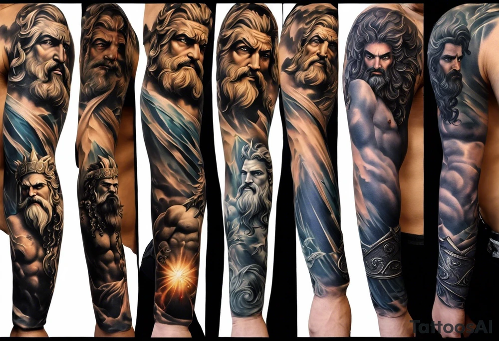 Full left arm tattoo sleeve with the Greek gods, Zeus, Poseidon and Hades. Zeus' face with a lightning bolt coming out of one eye is at the left shoulder, Poseidon's  face with a trident as one of his eyes is at the left upper arm and Hades' face with 
a bident as one of his eyes is at the left forearm. tattoo idea