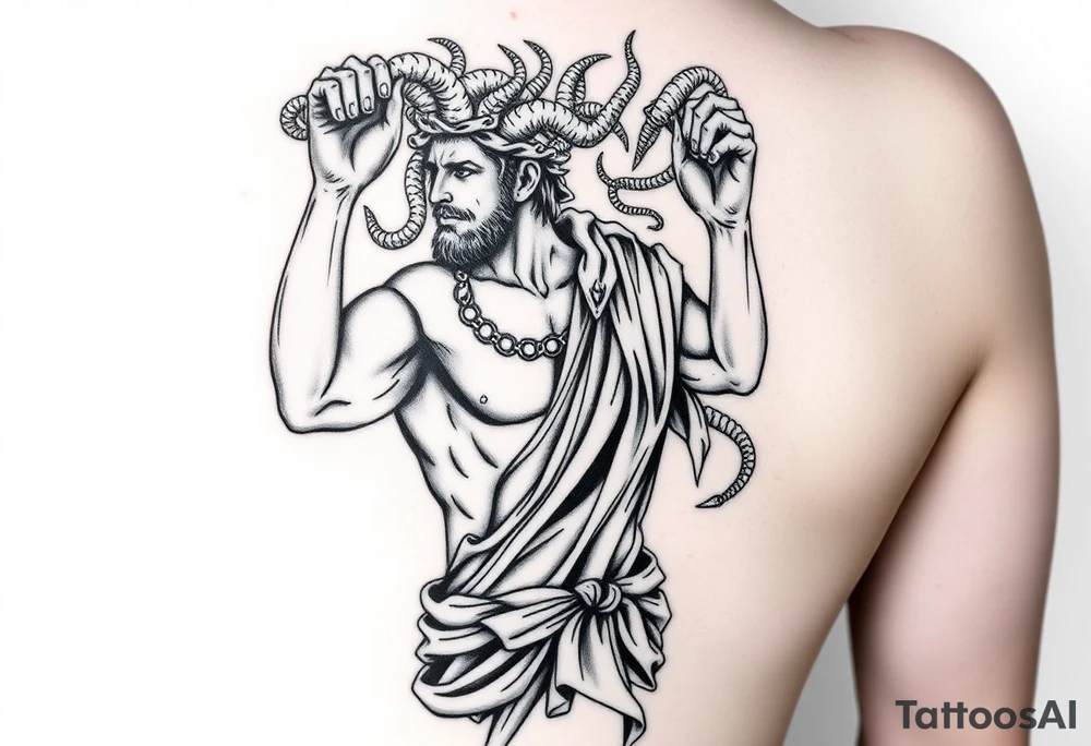 Perseus the Greek hero, holding Medusa’s severed head in victory, black and white and a part of a leg sleeve. Medusa the Greek monster with snakes as hair and Perseus should be in Greek armor. It’s going on my leg tattoo idea