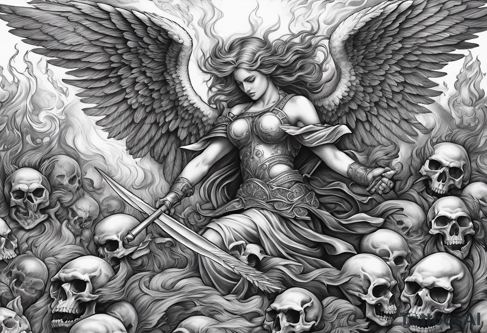 Angels fighting demons over fire with skulls in the background tattoo idea